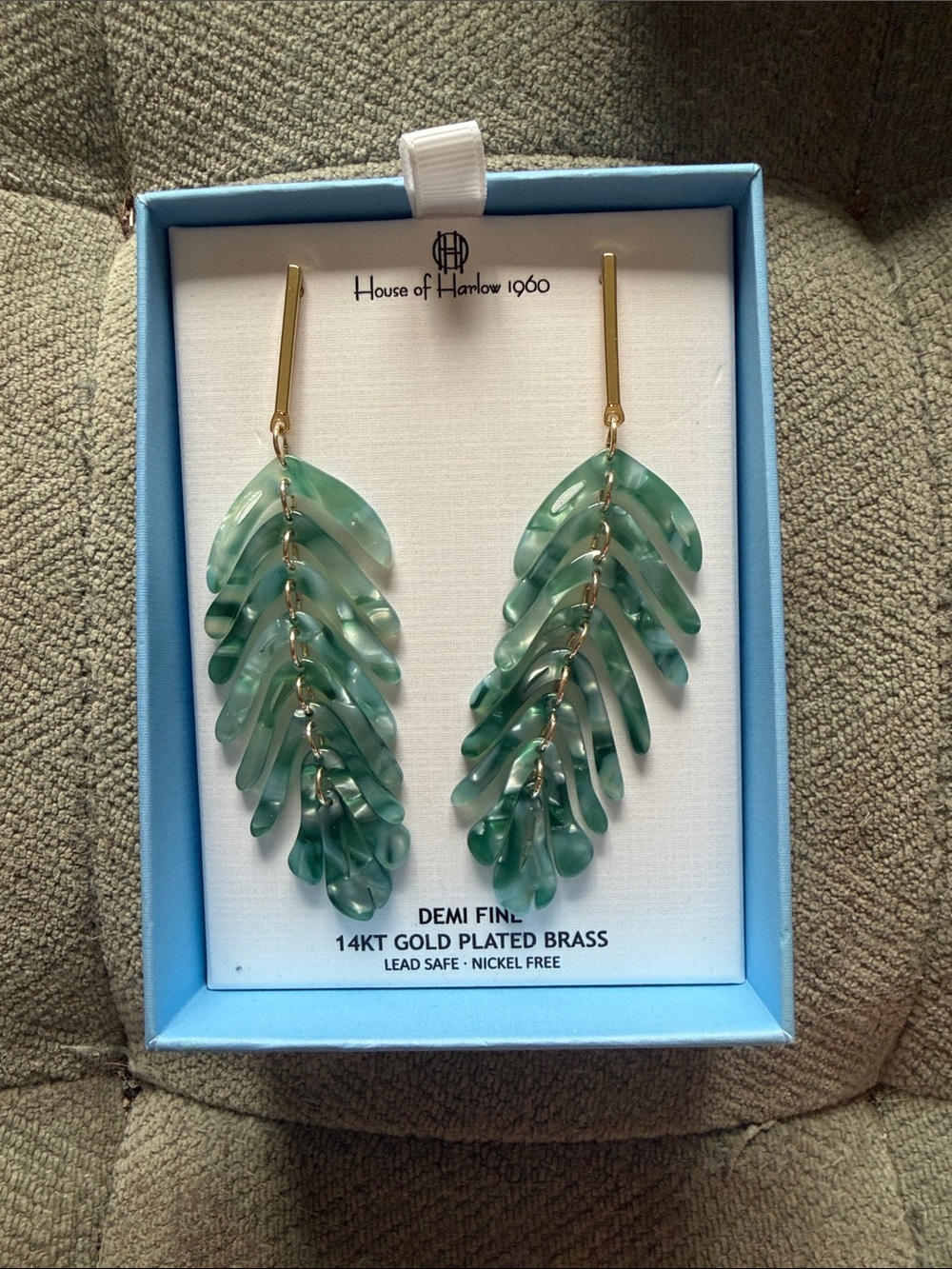 House of Harlow Green Leaf Drop Earrings NIB